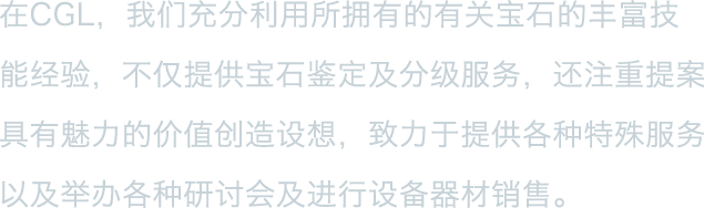 在CGL，我们充分利用所拥有的有关宝石的丰富技能经验，不仅提供宝石鉴定及分级服务，还注重提案具有魅力的价值创造设想，致力于提供各种特殊服务以及举办各种研讨会及进行设备器材销售。