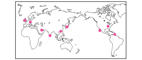 図１：世界の主な天然真珠産出地域