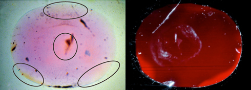 写真5：2.46ctのピンクサファイアの浸液写真(左、黒で囲った部分がオレンジ色の色むらが確認された場所)とレーザートモグラフ像(右)