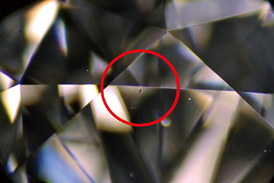 Fig.3　CVD合成ダイヤモンド中に見られた黒色包有物。（拡大35×）