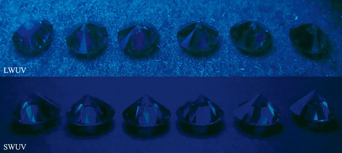 Fig.7　長波紫外線（上）および短波紫外線（下）でのCVD合成ダイヤモンドの蛍光。（ほとんど不活性）