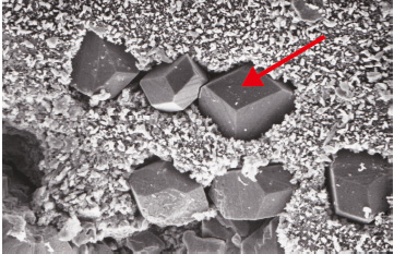 図19 銅から成長したダイヤモンド。{110}面からなる12面体結晶(矢印)が、黒鉛に埋まっている。
