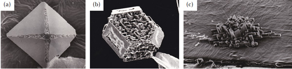 図22 水の影響下で成長したダイヤモンド。水の添加量の増加に伴って(a)→(c)のように荒れた結晶面が主体となっていく。