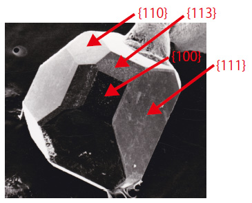 図５ 高圧合成ダイヤモンド。{111},{100},{110},{113}の４種類の面が認められる。