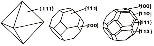 図６ ダイヤモンド結晶外形の模式図。面の方位が{}で表記されている。