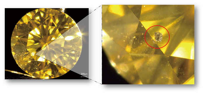 図2：黄色HPHT 合成ダイヤモンド。0.066ct, Fancy Vivid Yellow, SI1