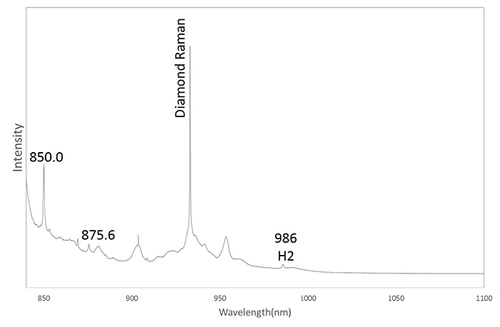 図10：830nmレーザー励起によるPLスペクトル。850nm、875.6nmおよび986nm (H2）が検出された