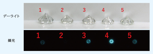 図３：グループＡに50.0 x 1015e–/cm2の電子線を照射した後の地色と燐光画像