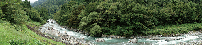 図 ５：小滝川ヒスイ峡(写真左が上流、右端がヒスイ産地の上流側境界)