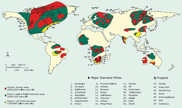 Fig.1.　世界のダイヤモンド鉱山（Janse 2007より）