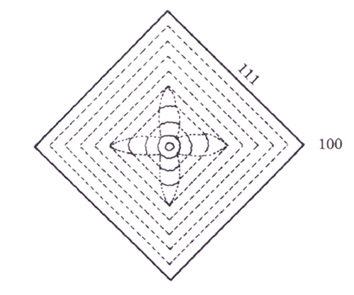 図８． (001)方向に垂直で結晶中心を通る切断面上 に現れるセンター･クロス構造の模式図