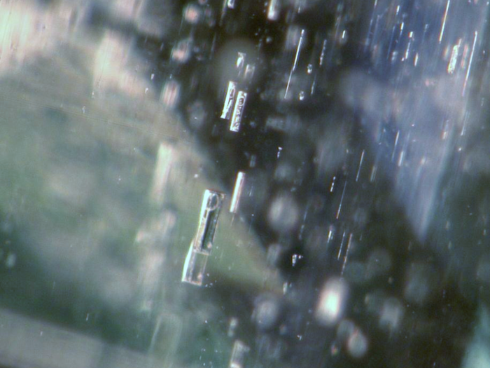 図12 カフブのエメラルドにある角型二相インクルー ジョン。視野1.3 mm。