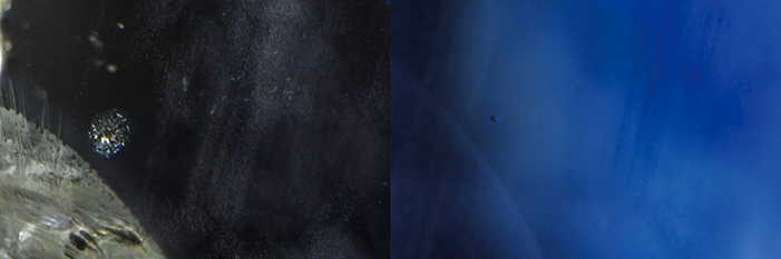 Pressure-heated sapphire before (left) and after (right) treatment. In this case, there was improvement in clarity due to the healing of the narrow-gap fissure at lower left and the halo around the crystal inclusion. Photos: GIA.